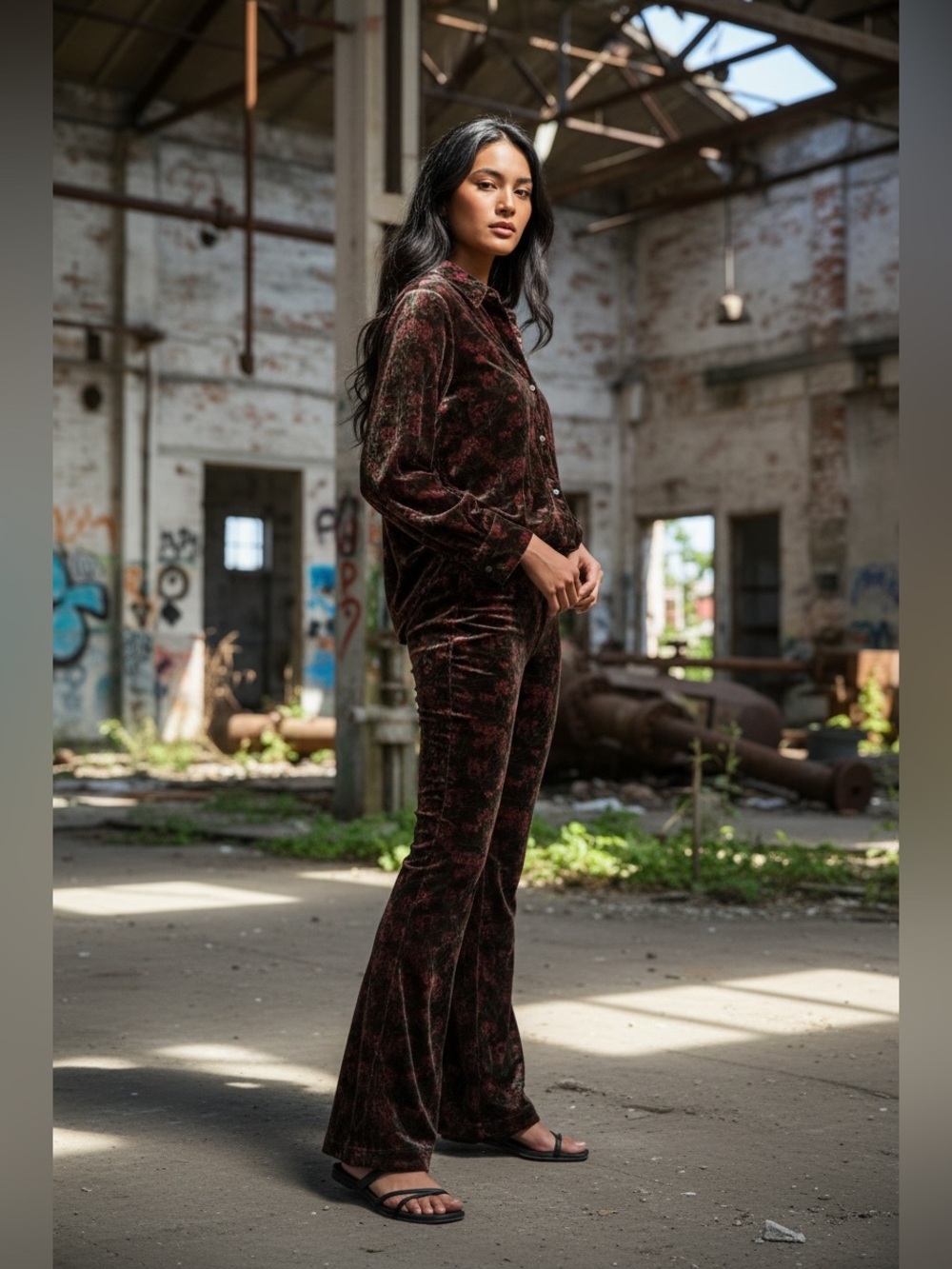 Zara Velvet Floral Print Flared Pants, size L